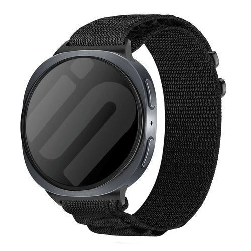 Alpine Nylon Strap, black/orange, on a watch, 3/4 front view