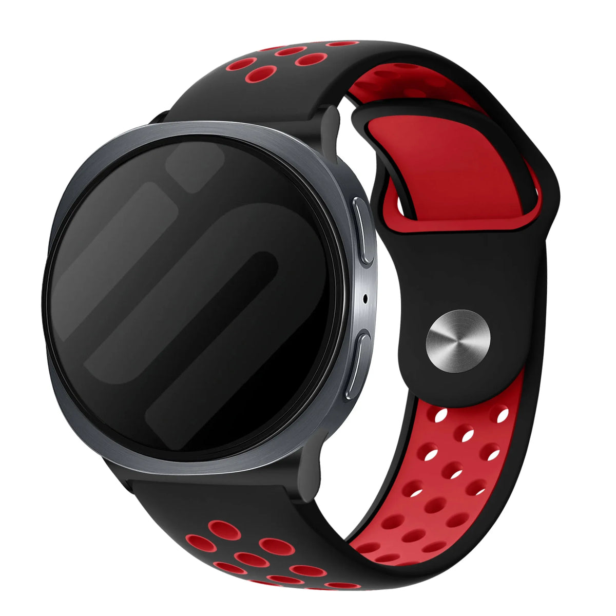 Silicone Sport Strap, black/red, on a watch, 3/4 front view