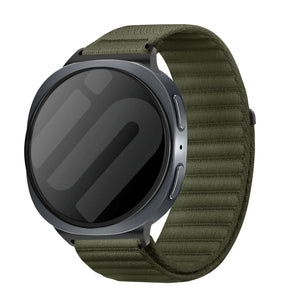 Wave Nylon Strap, dark green, on a watch, 3/4 front view