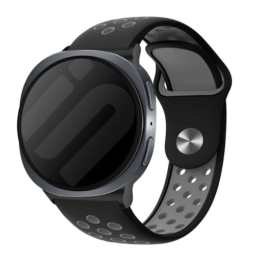 Silicone Sport Strap, black/grey, on a watch, 3/4 front view