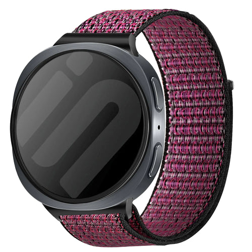 Nylon Strap, berry, on a watch, 3/4 front view