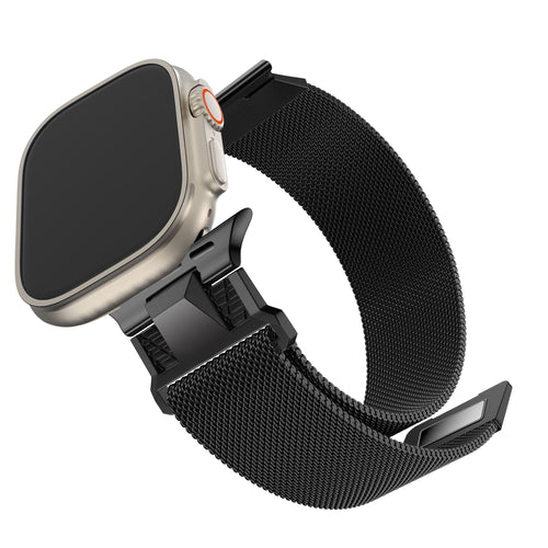 Milanese Strap 'Mecha', black, on a watch, 3/4 front view