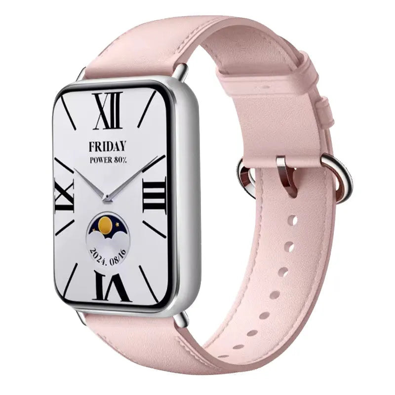 Leather Strap, pink, on a watch, 3/4 front view