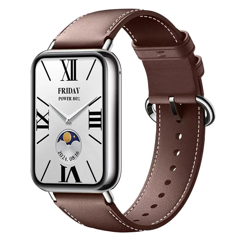 Leather Strap, dark brown, on a watch, 3/4 front view