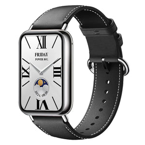 Leather Strap, black, on a watch, 3/4 front view