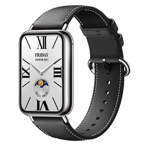 Leather Strap, black, on a watch, 3/4 front view