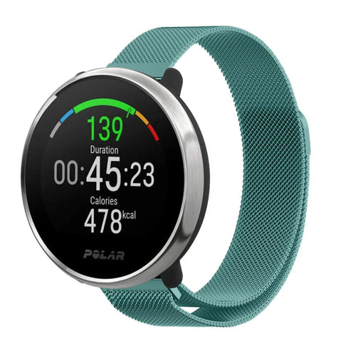 Milanese Strap, green, on a watch, 3/4 front view