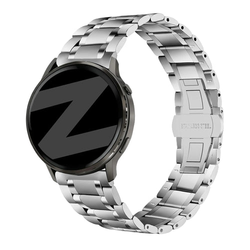 Steel Link Strap 'Deluxe', silver, on a watch, 3/4 front view
