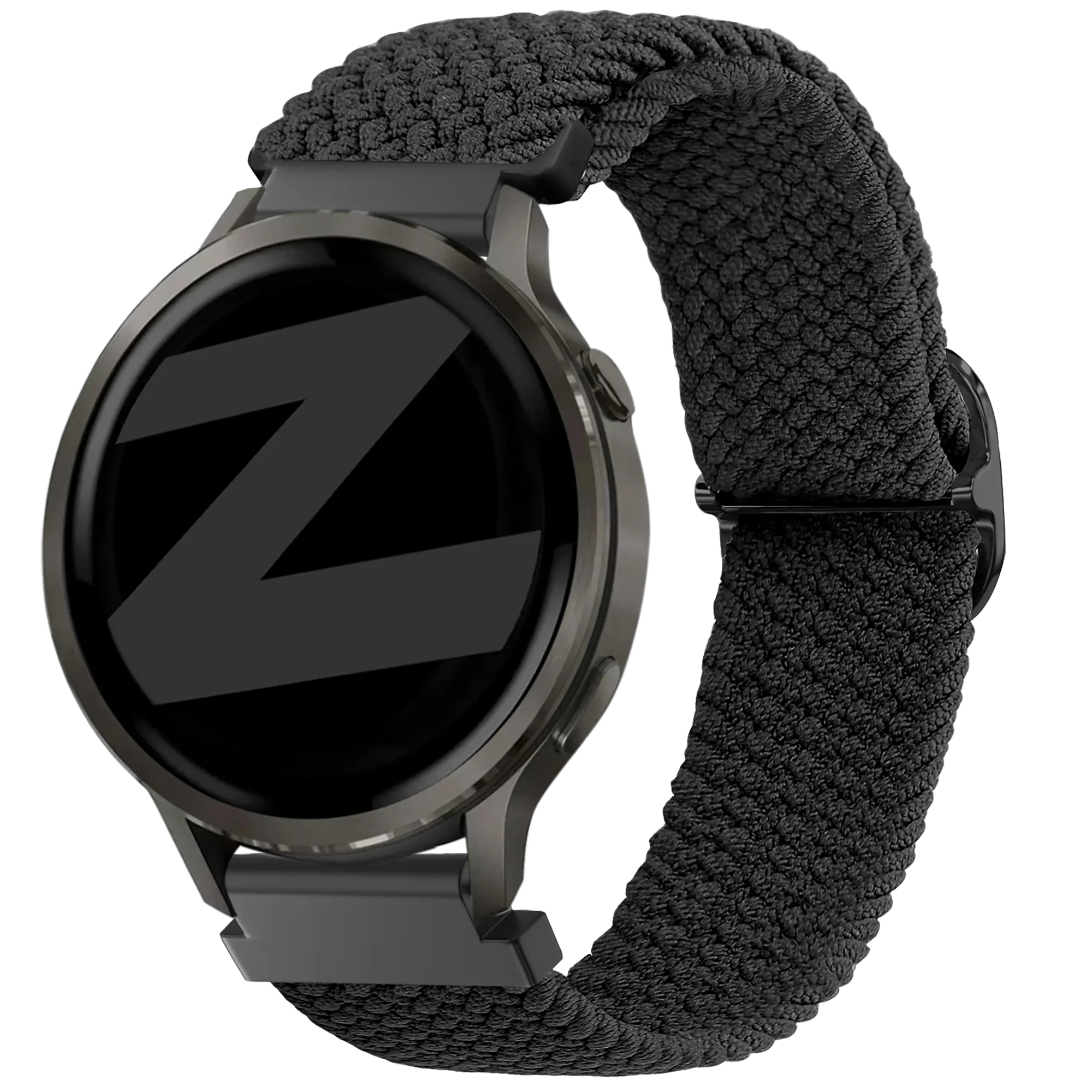 Braided Nylon Strap, black, on a watch, 3/4 front view