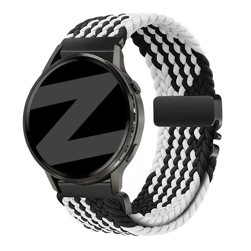 Nylon Braided Strap 'Parachute', black/white, on a watch, 3/4 front view