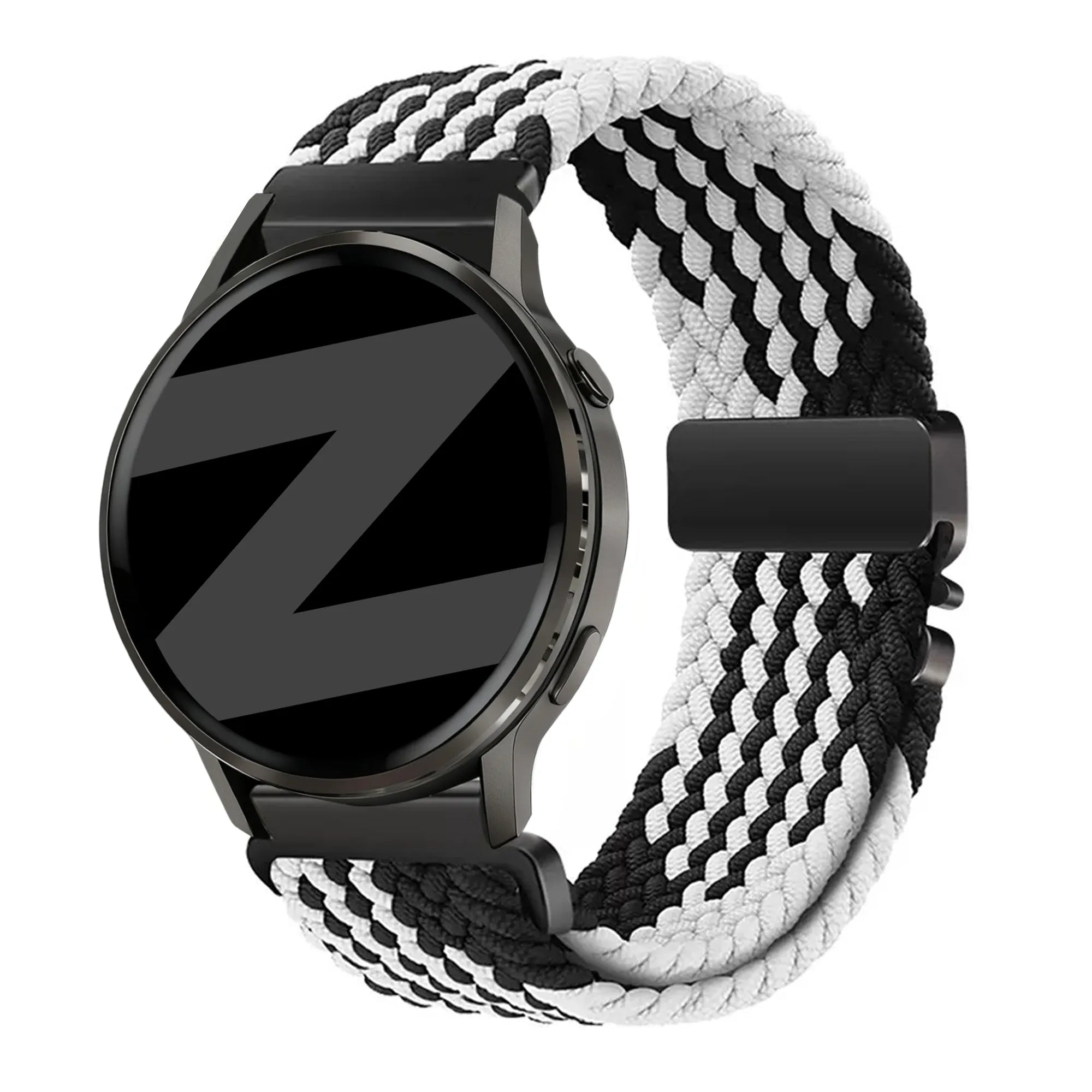 Nylon Braided Strap 'Parachute', black/white, on a watch, 3/4 front view