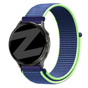 Nylon Loop Strap, blue/lime, on a watch, 3/4 front view