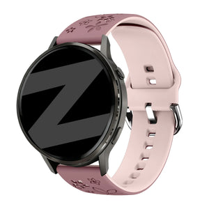 Silicone Strap 'Flowers', smoke purple/light pink, on a watch, 3/4 front view