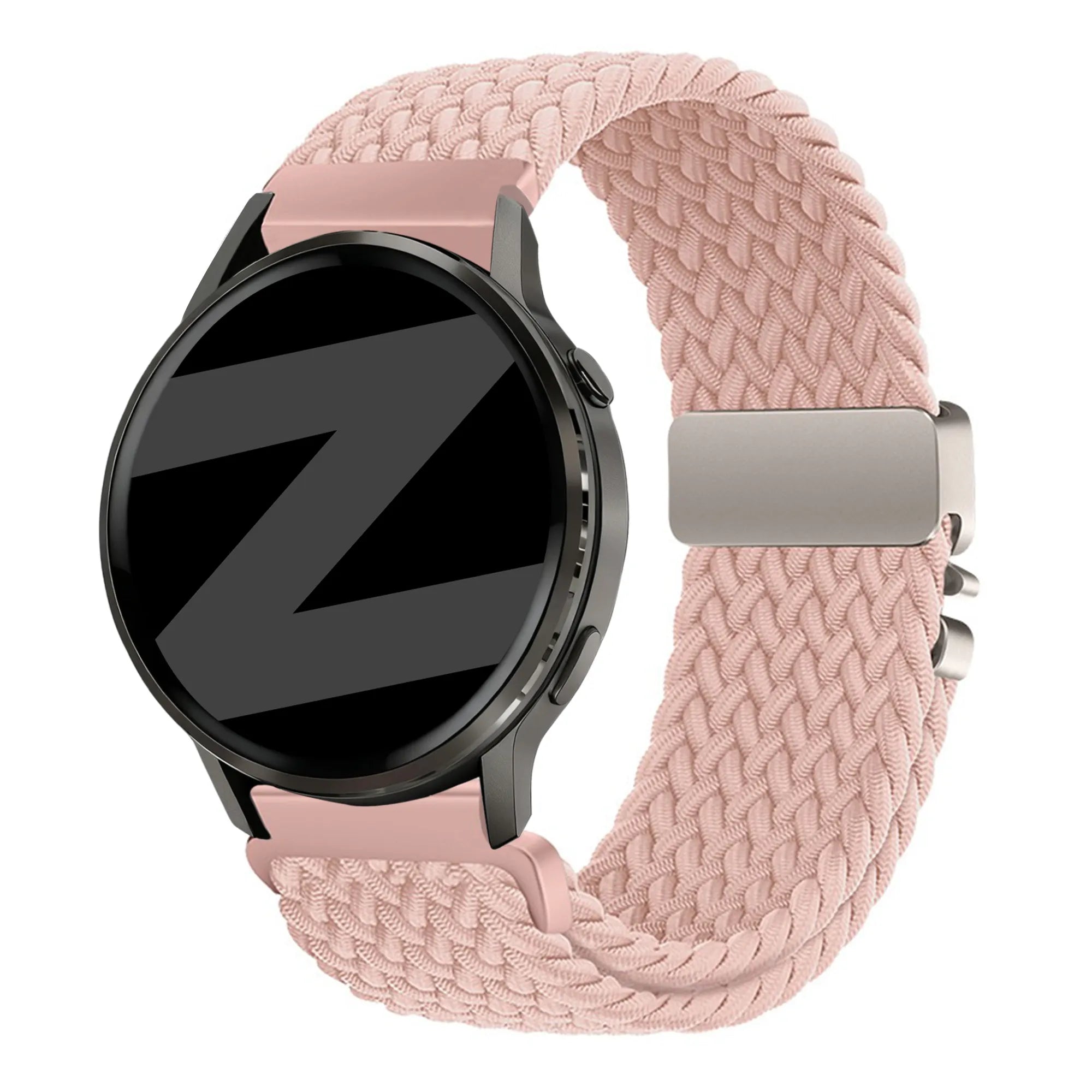 Nylon Braided Strap 'Parachute', pink, on a watch, 3/4 front view
