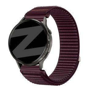 Nylon Strap 'Wave', dark purple, on a watch, 3/4 front view