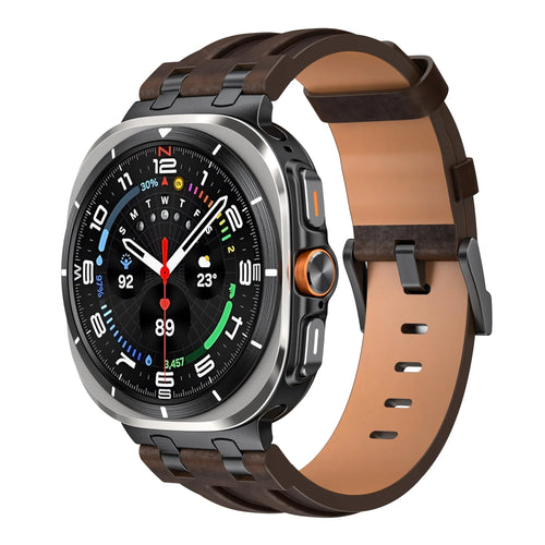 Solid Leather Strap, coffee, on a watch, 3/4 front view
