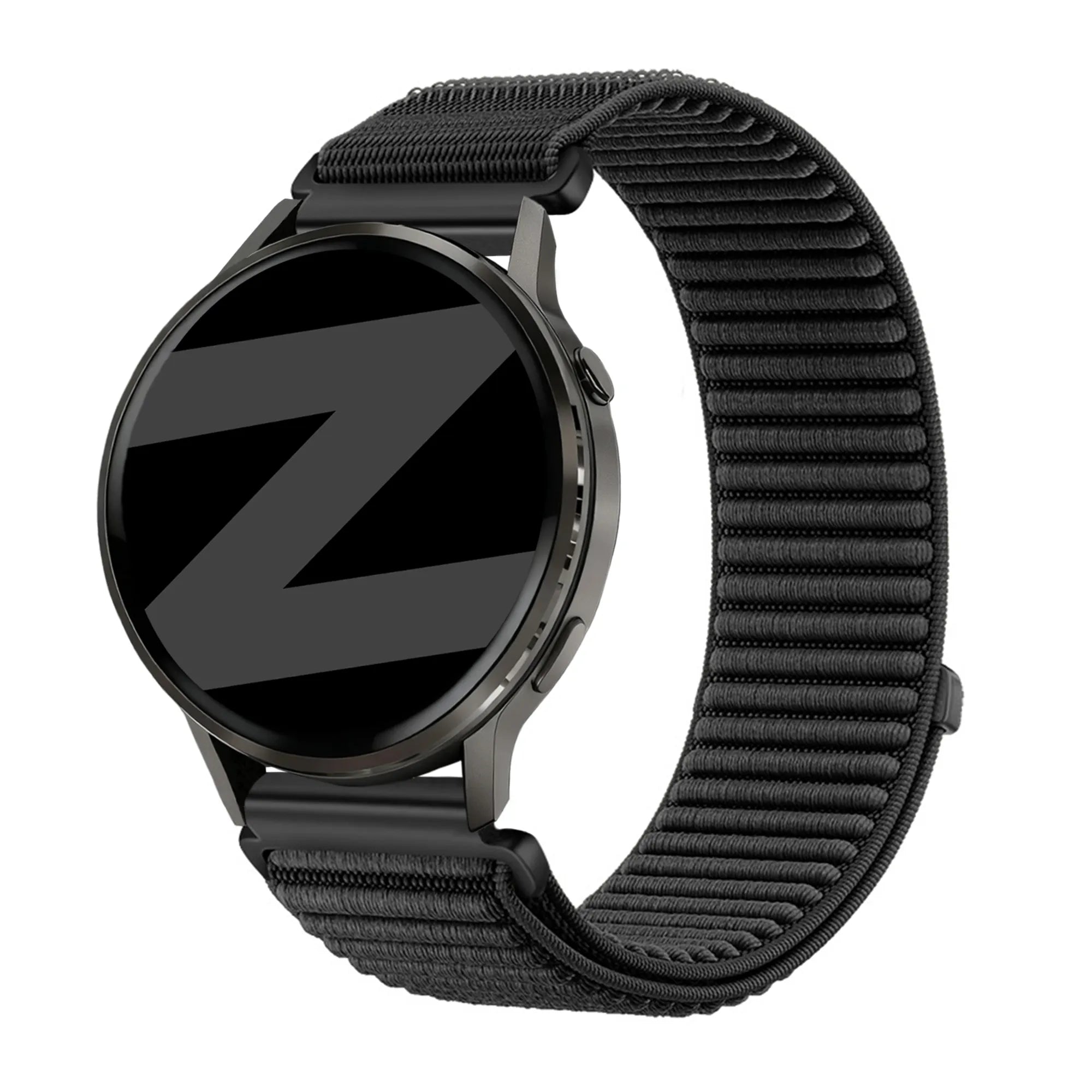Nylon Strap 'Wave', black, on a watch, 3/4 front view