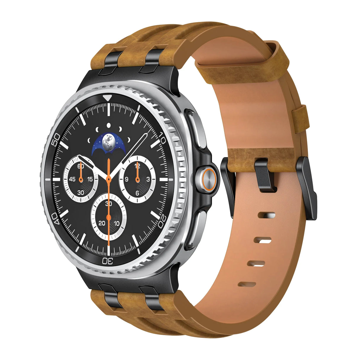 Solid Leather Strap, brown, on a watch, 3/4 front view