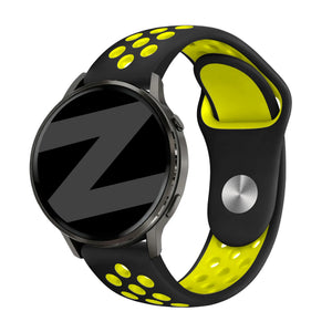 Silicone Sport Strap 'Deluxe', black/yellow, on a watch, 3/4 front view