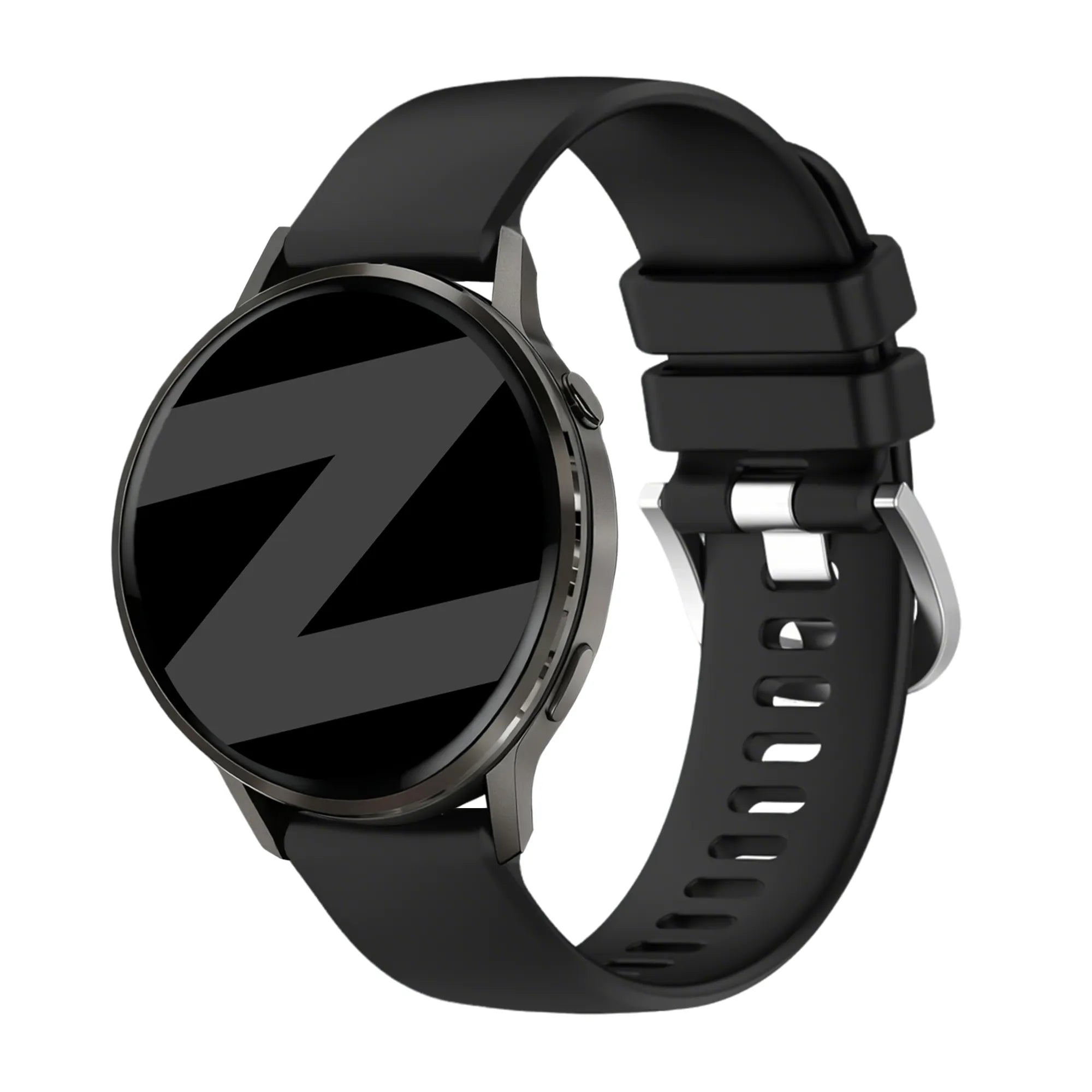 Silicone Strap 'Classic', black, on a watch, 3/4 front view