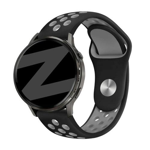 Silicone Sport Strap 'Deluxe', black/grey, on a watch, 3/4 front view