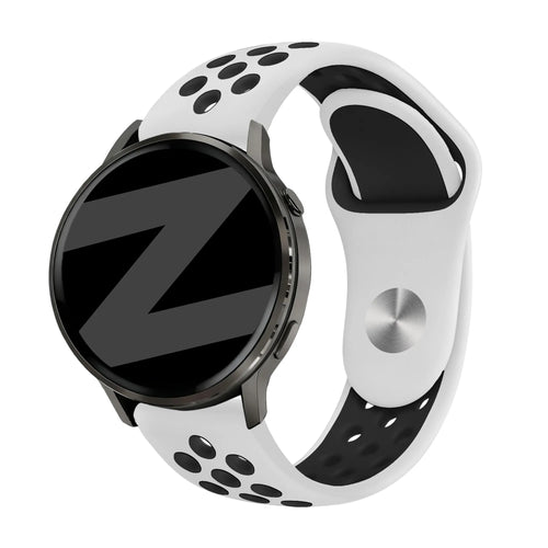Silicone Sport Strap 'Deluxe', white/black, on a watch, 3/4 front view