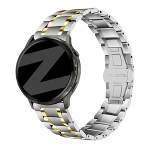Steel Link Strap 'Deluxe', silver/gold, on a watch, 3/4 front view