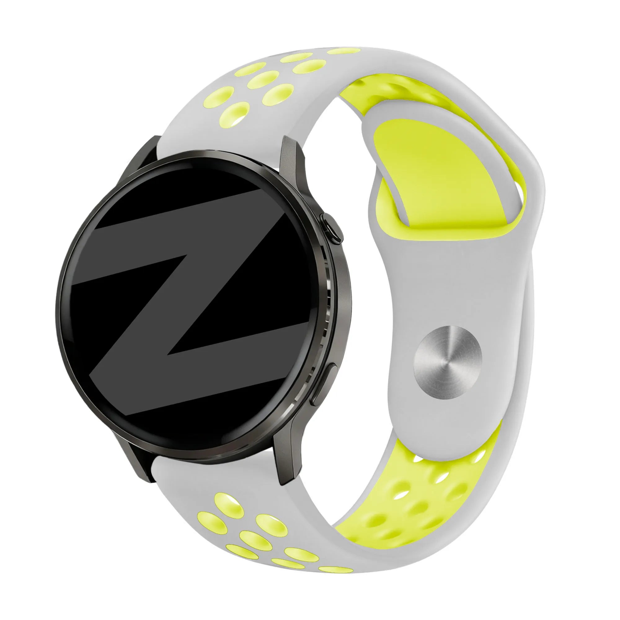 Silicone Sport Strap 'Deluxe', grey/yellow, on a watch, 3/4 front view