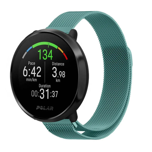 Milanese Strap, green, on a watch, 3/4 front view
