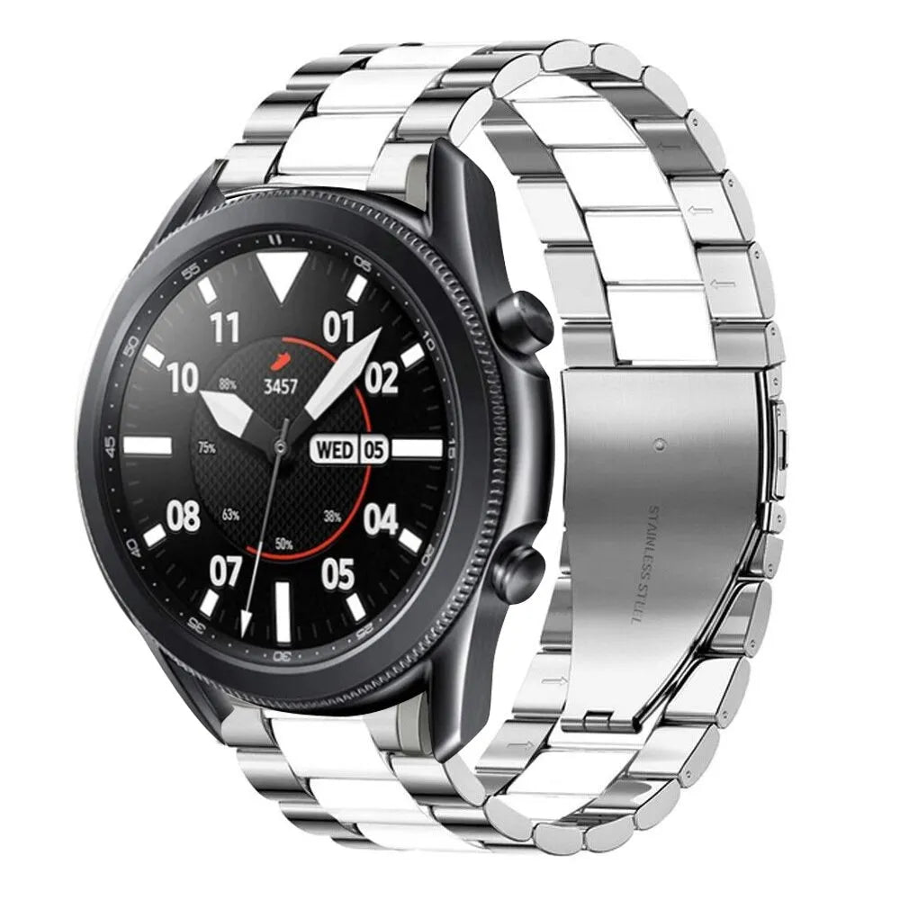 Steel Strap, silver/white, on a watch, 3/4 front view