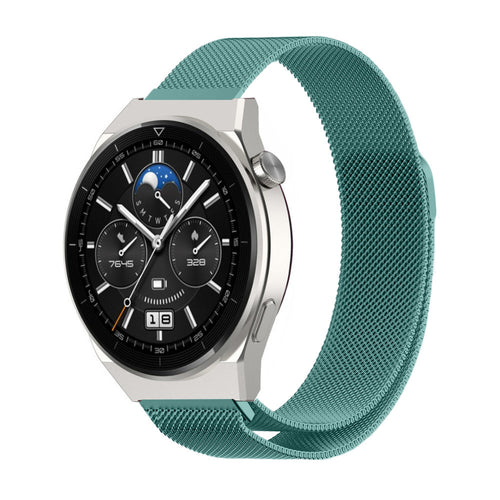 Milanese Strap, green, on a watch, 3/4 front view