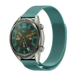 Milanese Strap, green, on a watch, 3/4 front view