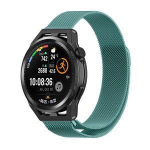 Milanese Strap, green, on a watch, 3/4 front view