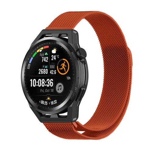 Milanese Strap, orange, on a watch, 3/4 front view