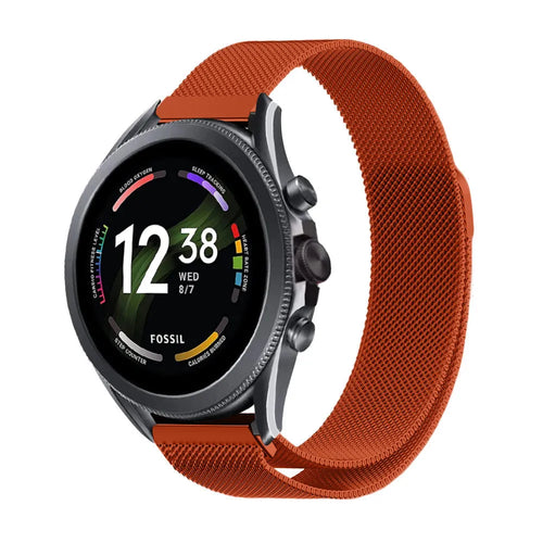 Milanese Strap, orange, on a watch, 3/4 front view