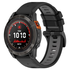 Silicone Buckled Sport Strap, black/grey, on a watch, 3/4 front view
