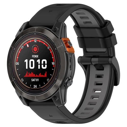 Silicone Buckled Sport Strap, black/grey, on a watch, 3/4 front view