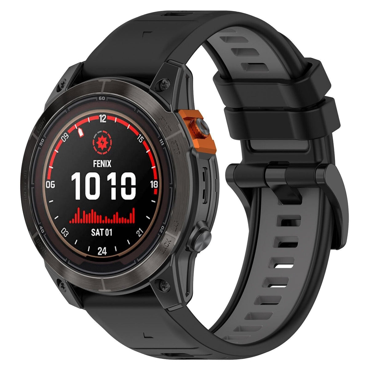 Silicone Buckled Sport Strap, black/grey, on a watch, 3/4 front view