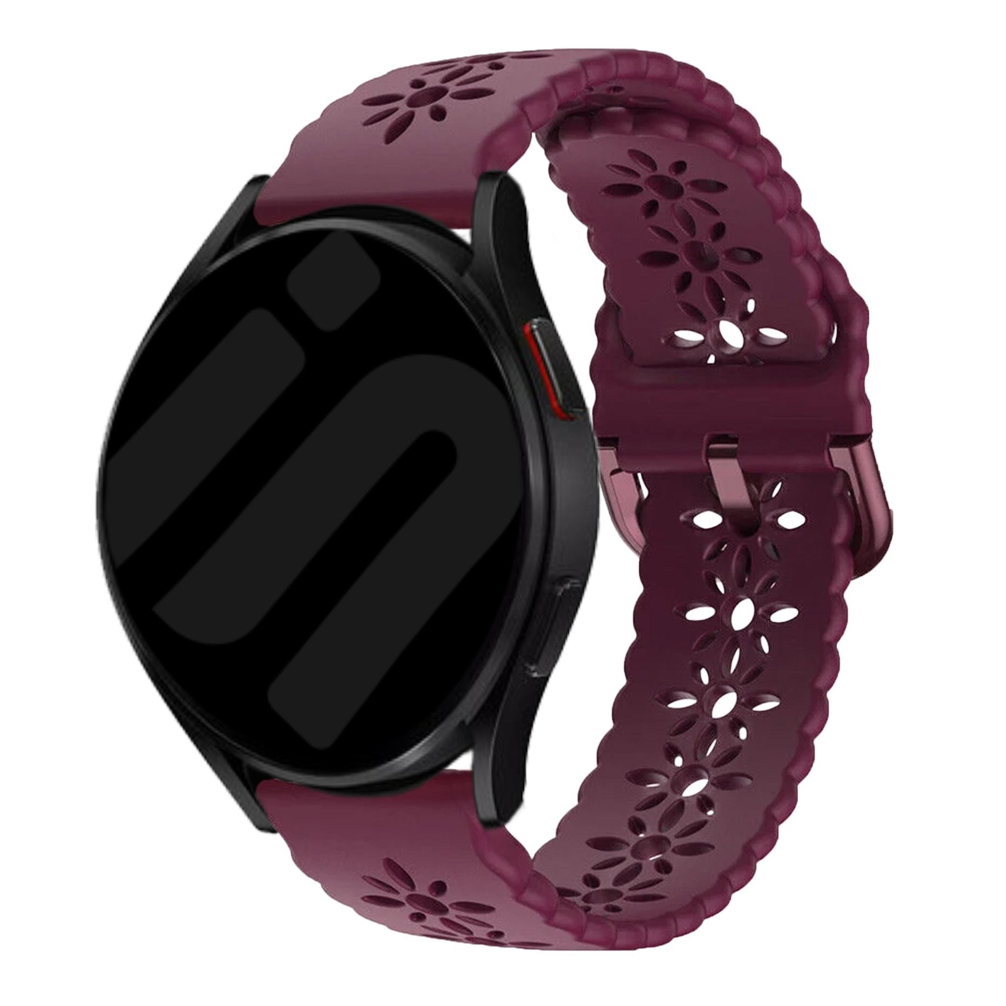 Patterned Silicone Strap, burgundy, on a watch, 3/4 front view