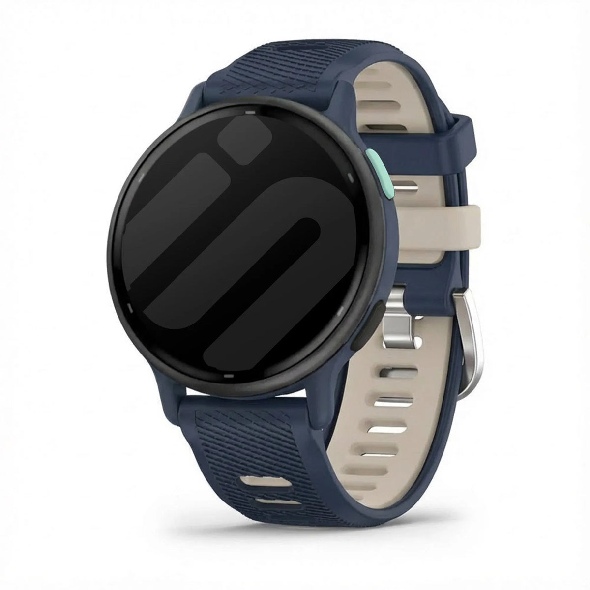 Silicone Buckled Sport Strap, dark blue/beige, on a watch, 3/4 front view