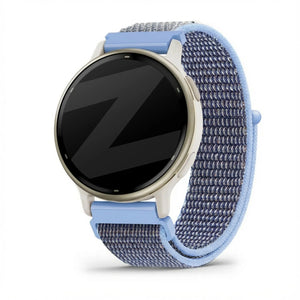 Nylon Loop Strap, azure blue, on a watch, 3/4 front view