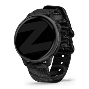 Buckled Nylon Strap, black, on a watch, 3/4 front view