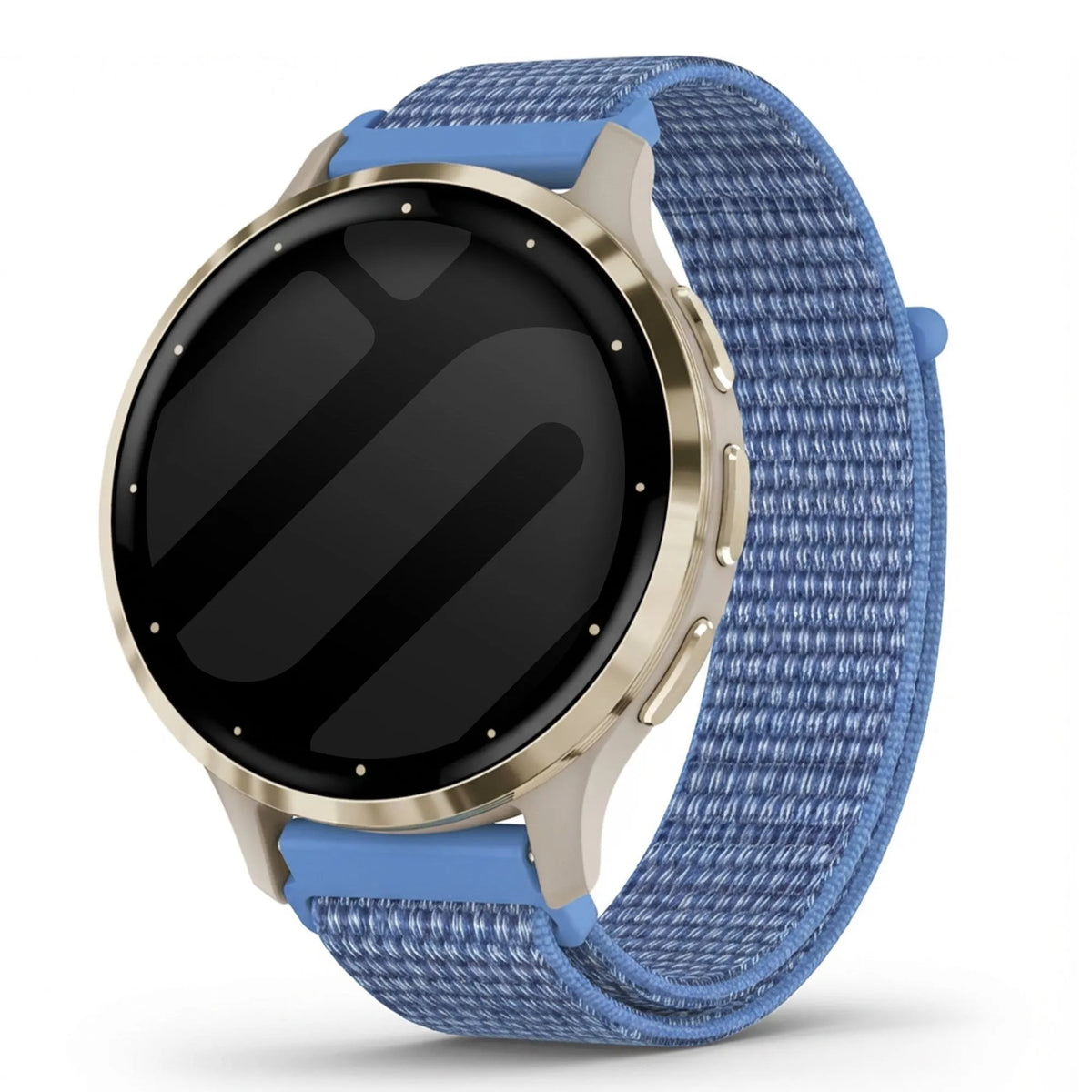 Nylon Strap, blue, on a watch, 3/4 front view