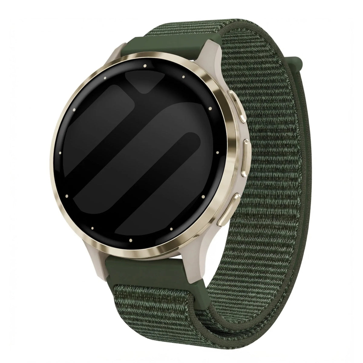 Nylon Strap, dark green, on a watch, 3/4 front view