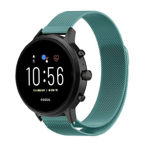 Milanese Strap, green, on a watch, 3/4 front view