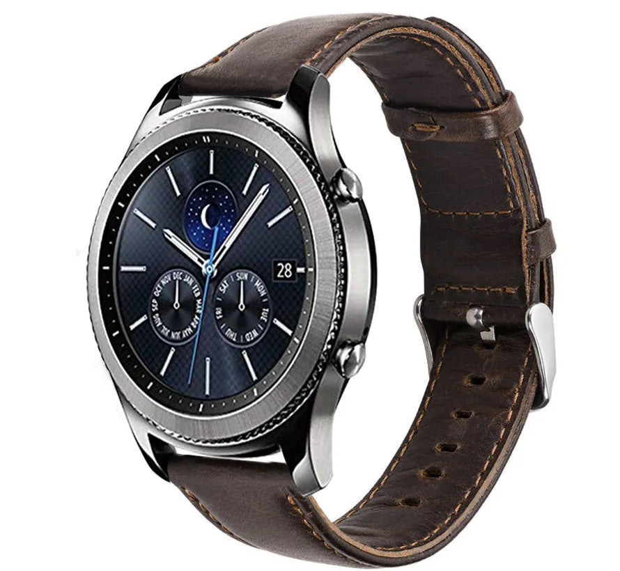 Leather Strap, dark brown, on a watch, 3/4 front view