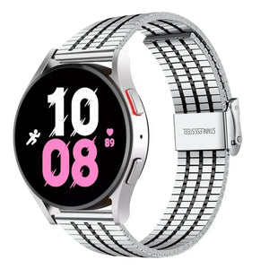 Fine Steel Strap, silver/black, on a watch, 3/4 front view