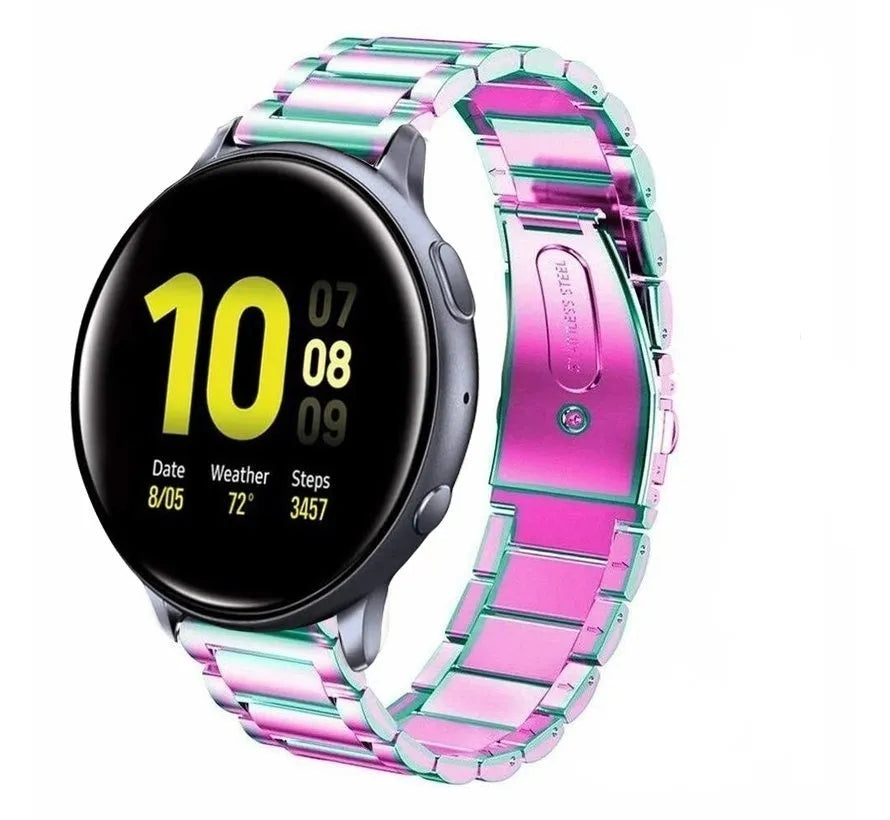 Steel Strap, pearlescent, on a watch, 3/4 front view