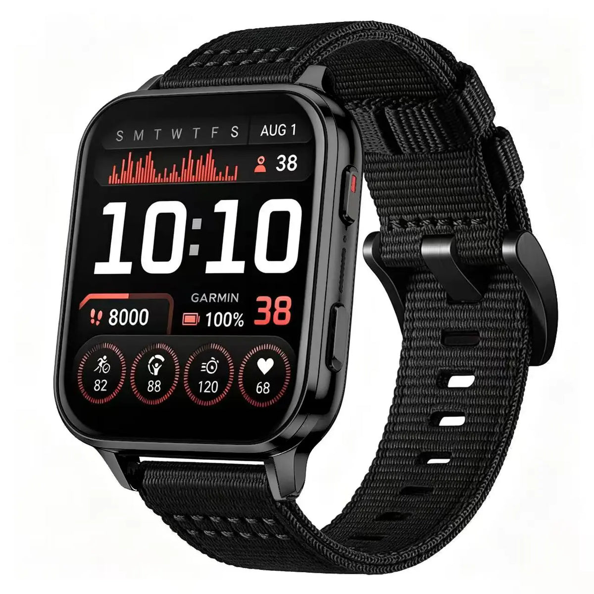 Nylon Buckle Strap, black, on a watch, 3/4 front view