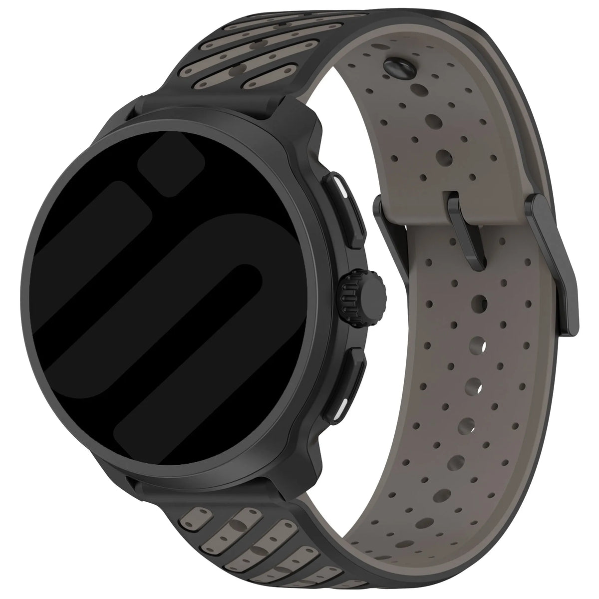Striped Silicone Strap, grey, on a watch, 3/4 front view